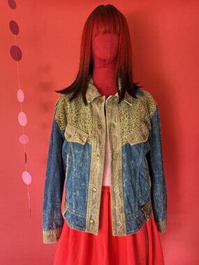 Vintage 80s NYG Acid Wash Denim Jacket | Leopard Print Western Yoke | Brass Snap